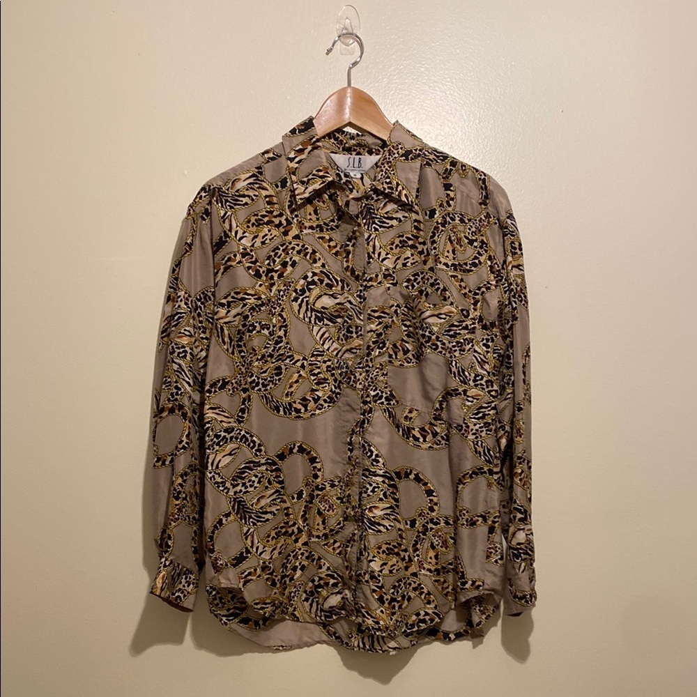 S.L.B. By Sunny Leigh Silk Brown Patterned Shirt. Size M